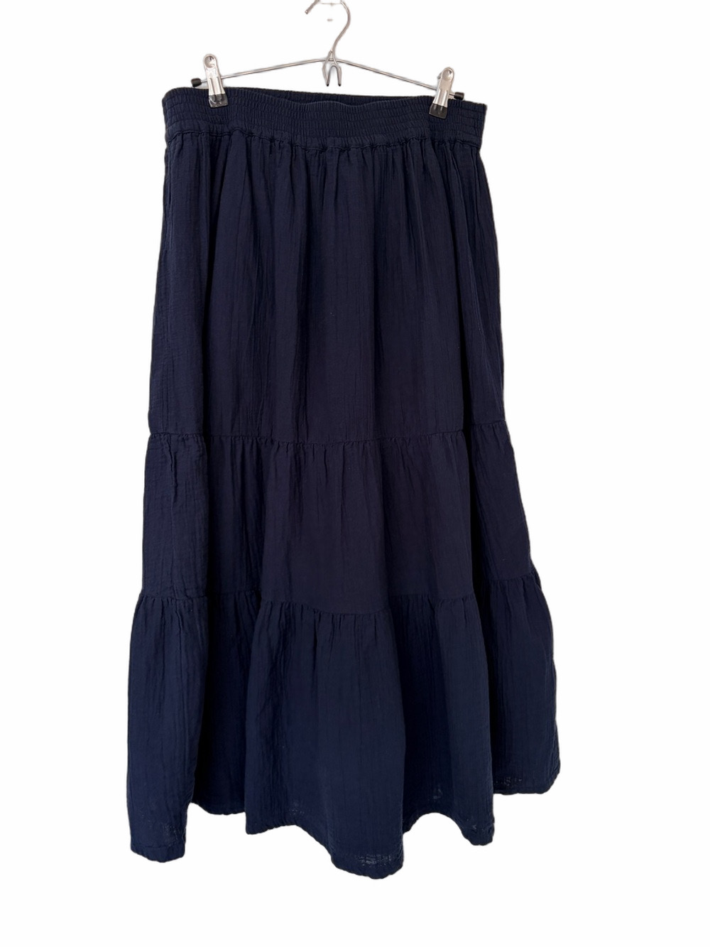 CHAPS NAVY BLUE 100% COTTON GUAZE TIERED MAXI SKIRT WITH ELASTICATED WAIST, LRG